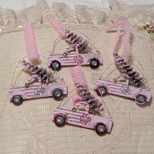 HANDMADE - 4 pink trucks. Christmas tree decorations. Shabby chic ornaments.